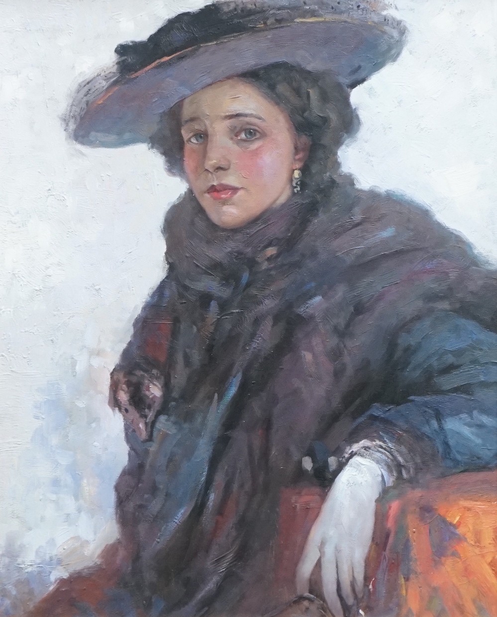 A modern oil on canvas depicting an Edwardian lady, 50 x 40cm